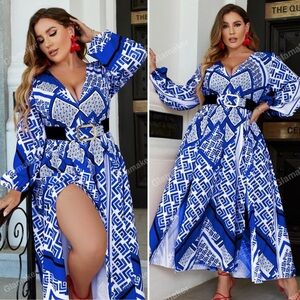 SHEIN Glamaker Size 14 Maxi Dress Geo Print Belted Lantern Sleeve Split Thigh